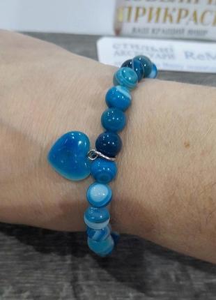 Браслет с кулоном из натурального камня голубой агат гладкие круглые бусины - оригинальный подарок девушке4 фото