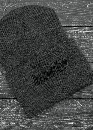 Шапка с подворотом, мужская серая, зимняя intruder big logo