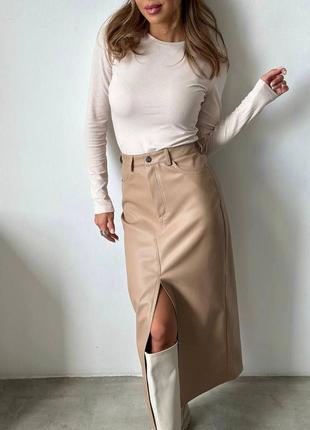 Женская юбка эко кожа кожаная с розрезом4 фото