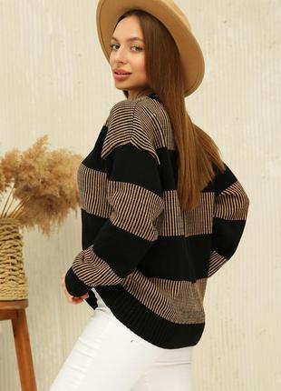 Теплый мягкий свитер женский вязанный в широкую полоску размер 46-54 черный2 фото