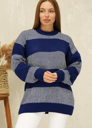 Теплый мягкий свитер женский вязанный в широкую полоску размер 46-54 черный6 фото