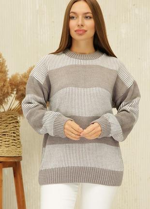 Теплый мягкий свитер женский вязанный в широкую полоску размер 46-54 черный9 фото