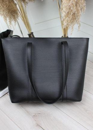 Большая женская сумка шоппер с высокими ручками черная2 фото