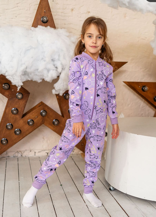 Комбинезон-пижама для девочки с начесом, теплая цельная пижамка комбинезон с начесом1 фото