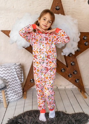 Комбинезон-пижама для девочки с начесом, теплая цельная пижамка комбинезон с начесом