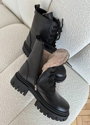 Стильные топовые черные женские зимние ботинки на массивной подошве, кожаные/кожа-женская обувь на зиму4 фото