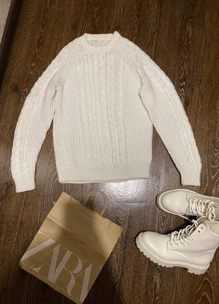 Актуальный белый вязаный косами свитер кофта пуловер2 фото