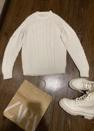 Актуальный белый вязаный косами свитер кофта пуловер3 фото
