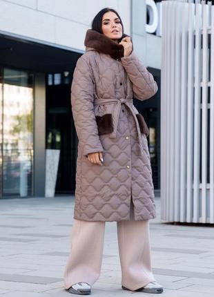 Удлиненное зимнее пальто с капюшоном, стеганое пальто с поясом, теплое пальто меди, пальто с мехом