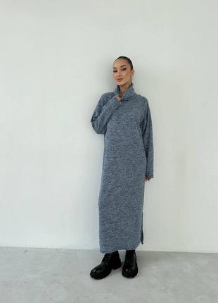 Длинное тёплое вязаное платье из эко шерсти ангоры голубое хаки бордовое белое пудра с воротником хомут туника свитер гольф водолазка миди макси