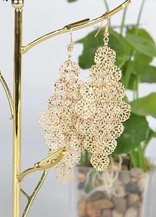 Богемные серьги с кистями металлические листики,8см