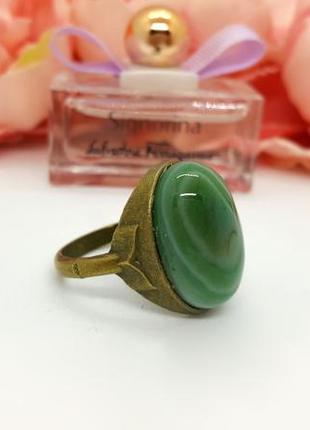 🦝🍀 кольцо в винтажном стиле натуральный камень бирюзово-зеленый агат р.184 фото