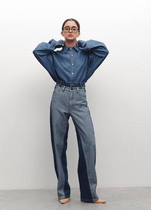 Джинси з подвійним поясом і контрастними вставками, прямі джинси, джинси труби.4 фото