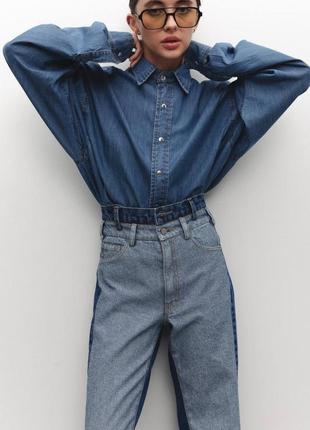 Джинси з подвійним поясом і контрастними вставками, прямі джинси, джинси труби.6 фото