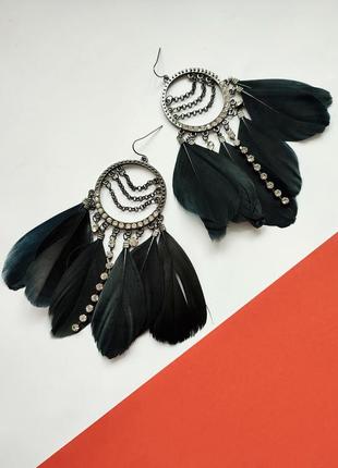 Серьги с черными перьями и хрусталем, франция3 фото