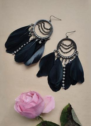 Серьги с черными перьями и хрусталем, франция8 фото