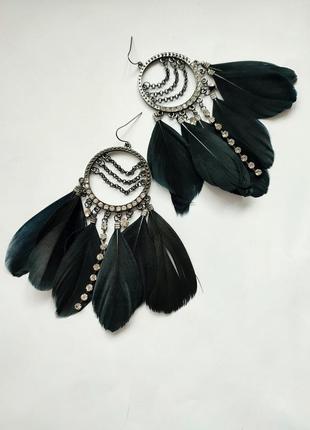 Серьги с черными перьями и хрусталем, франция9 фото