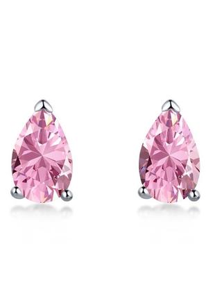 Срібні s925 сережки гвоздика пусети з грушовидним камінням рожевим фіанітом, рожеві сережки пусети
