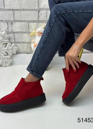 Зимові жіночі замшеві ботинки червоного кольору, трендові жіночі ботинки челсі7 фото