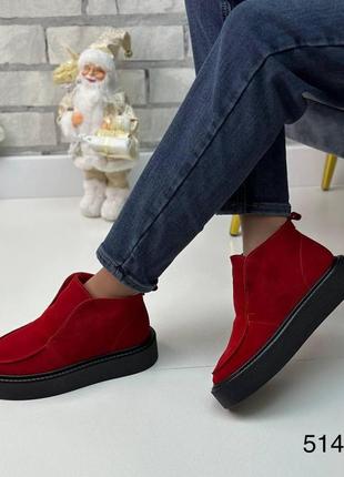Зимові жіночі замшеві ботинки червоного кольору, трендові жіночі ботинки челсі1 фото