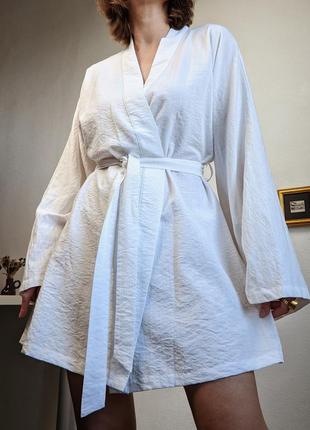 Кимоно белое мини халат платье с поясом на запах s m