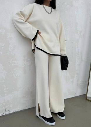 Костюм женский однонтонный оверсайз кофта штаны свободного кроя на высокой посадке качественный, стильный базовый молочный