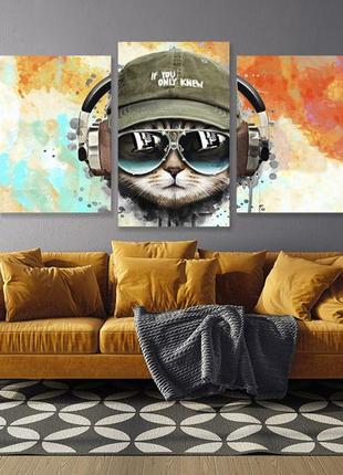 Модульная картина в гостиную / спальню музичний кіт art-627_3 с лаковым покрытием2 фото