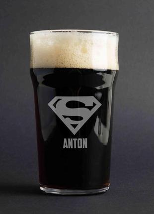 Бокал для пива "супермен" персонализированный, крафтова коробка1 фото