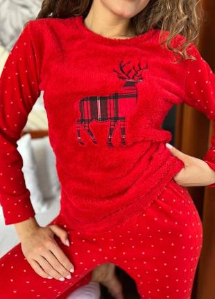 Женская теплая зимняя пижама махра и флис, олени, на подарок