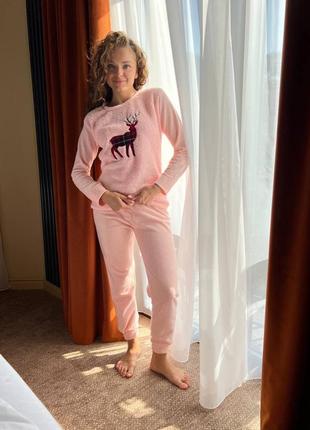 Женская теплая зимняя махровая пижама, махра и флис, олени, на подарок3 фото