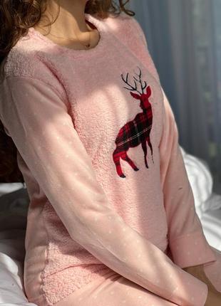 Женская теплая зимняя махровая пижама, махра и флис, олени, на подарок4 фото