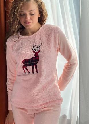 Женская теплая зимняя махровая пижама, махра и флис, олени, на подарок