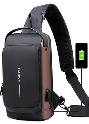 Мужской рюкзак с зарядкой для телефона и с защитой от кражи коричневый
