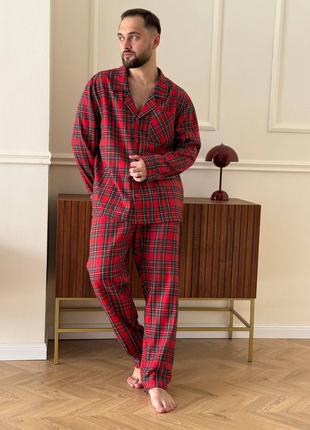Тепла чоловіча піжама костюм домашній преміум фланель червона клітинка8 фото