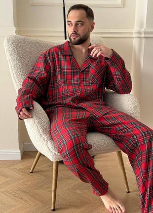 Тепла чоловіча піжама костюм домашній преміум фланель червона клітинка10 фото