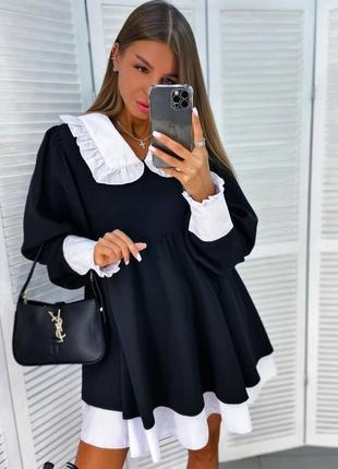 Короткое платье с белым воротником и рюшами обильной юбкой мини платья с воротником черно белая трендовая стильная базовая2 фото