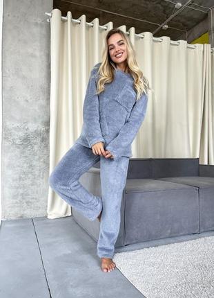 Мягкий теплый домашний костюм плюшевый махровый комплект махра плюш пижама для дома и сна пудровый серый голубой унисекс мужская женска