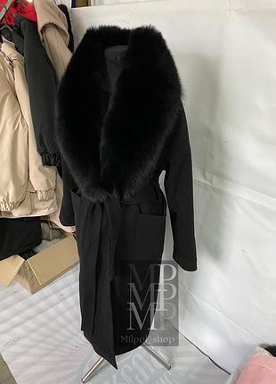 Шикарне жіноче зимове пальто, турецький кашемір комбіноване з фінським песцем в чорному забарвлені 115 см довжина