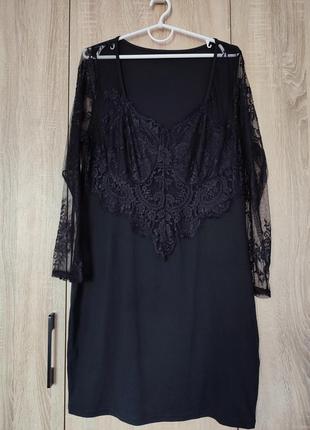 Стильна чорна сукня зі вставками гіпюра платье плаття розмір 48-50-52