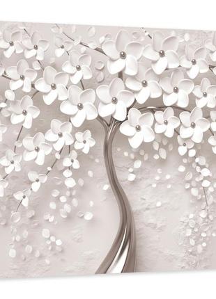 Картина на стіну у вітальню / спальню дерево білі квіти     mlp_15  ( 60х30см ) з лаковим покриттям