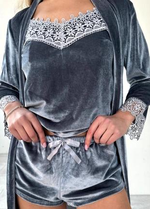 Нежный набор 4 в 1 12 цветов комплект для дома сна дома пижама халат подарок серый серебро3 фото