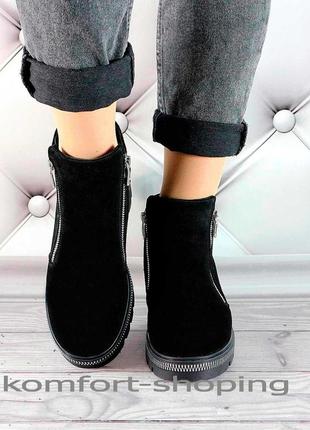 Зимние ботинки женские черные замшевые  на змейке к 13363 фото
