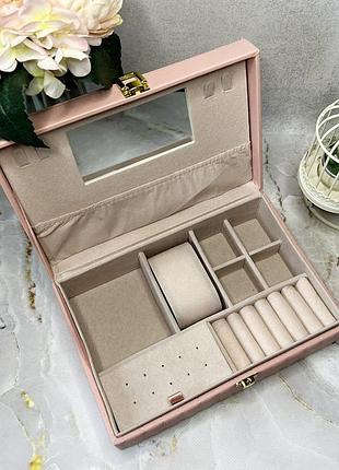 Большая розовая шкатулка для украшений из экокожи