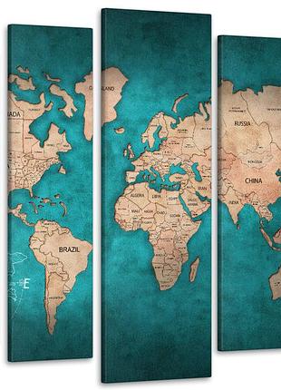 Модульная картина в гостиную / спальню карта мира кожа бирюзовая art-468_5 ( 80х118см ) с лаковым покрытием