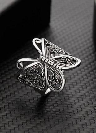 Кольцо мед серебро женское длинное кольцо серебристая бабочка с узорами р. регулируемый1 фото