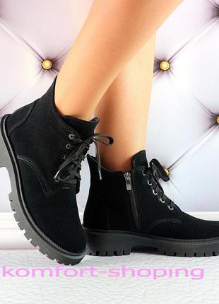 Зимние ботинки женские черные замшевые   к 14371 фото