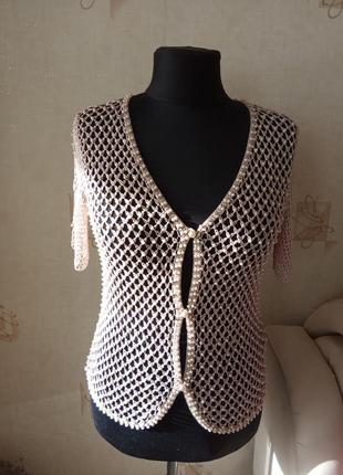 Натуральный вязаный кардиган, сетка, бусины, перламутр, вискоза