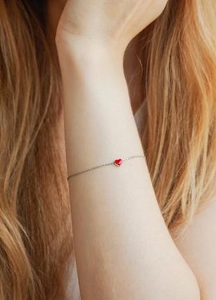 Женский  серебряный  браслет сердечко с красной эмалью  на цепочке, 925 проба5 фото
