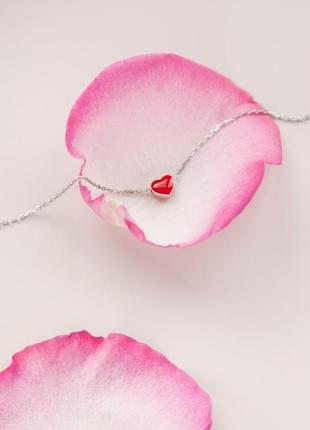 Женский  серебряный  браслет сердечко с красной эмалью  на цепочке, 925 проба4 фото