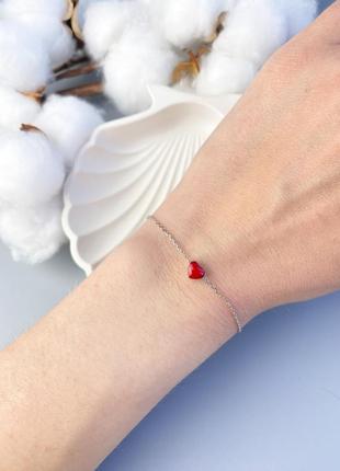 Жіночий срібний браслет сердечко з червоною емаллю на ланцюжку, 925 проба
